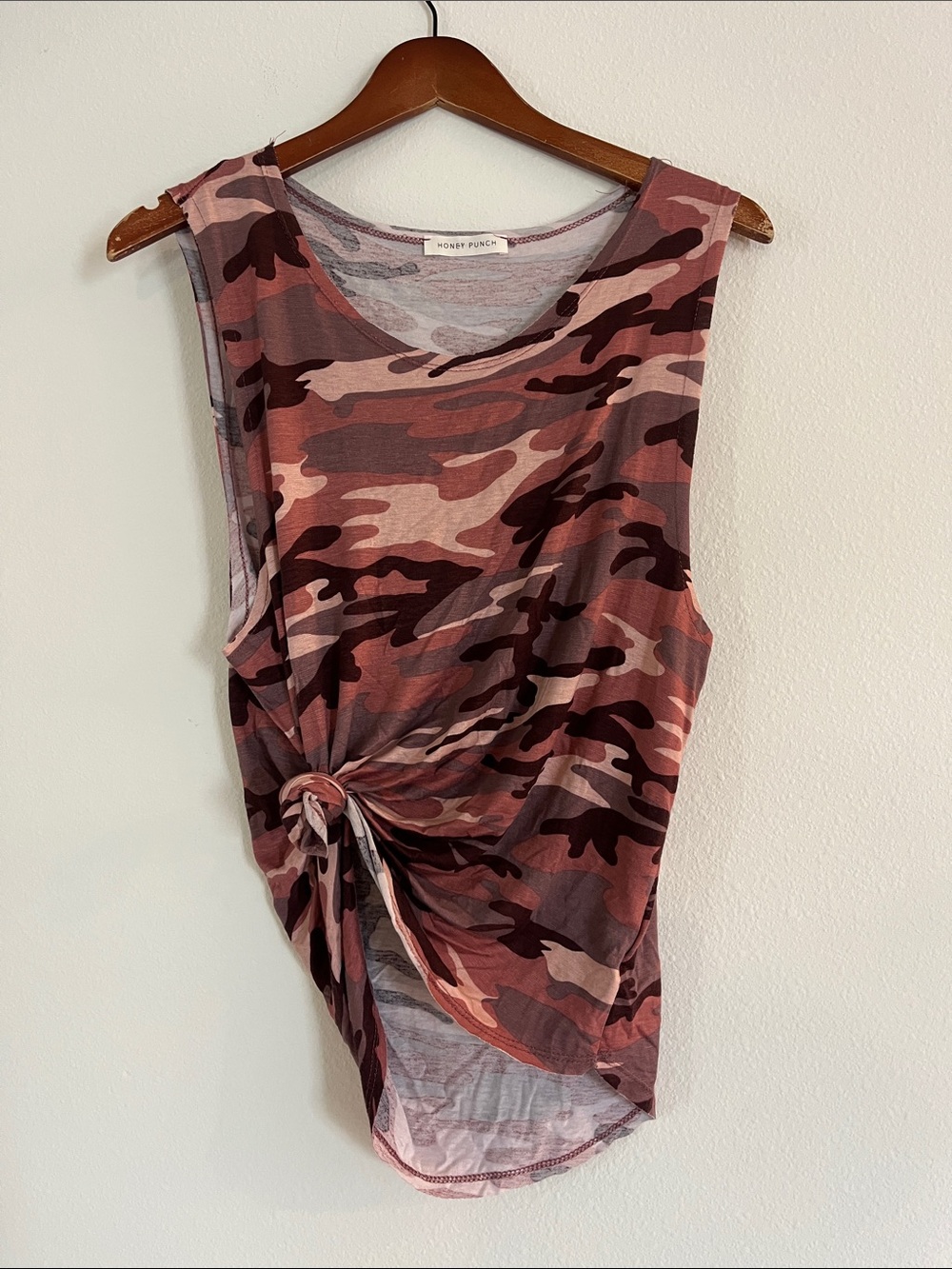 Honey Punch Pink Camo Knot-Front Tank